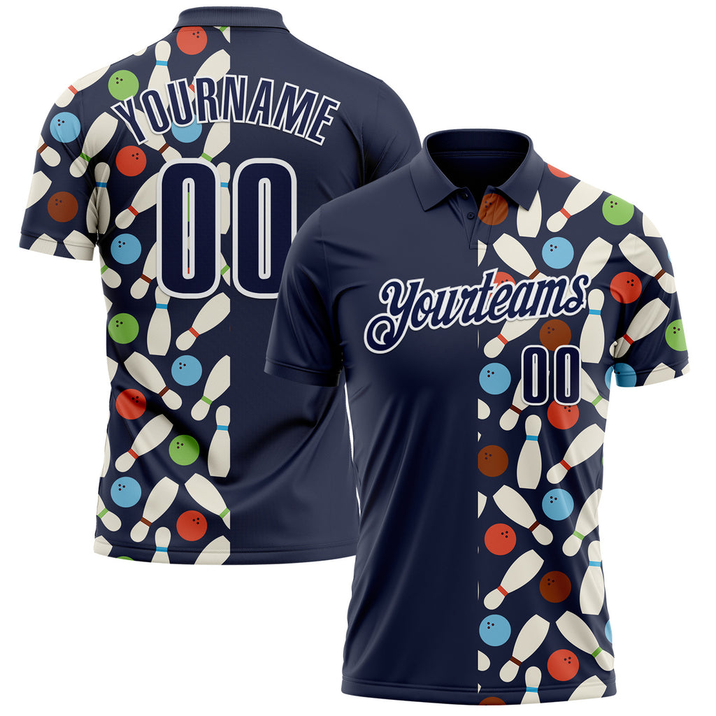 Custom Navy-White Bowling Ball And Pins Performance Polo Shirt