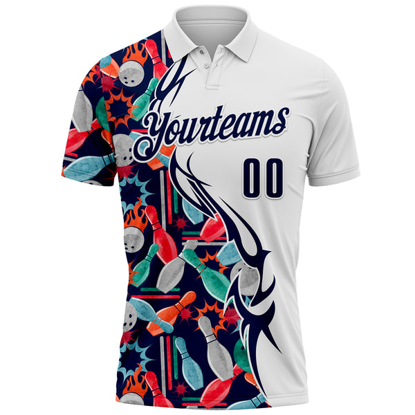 Custom White-Navy Bowling Ball And Pins Performance Polo Shirt
