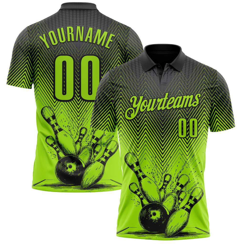 Custom Neon Green-Black Bowling Ball And Pins Strike Performance Polo Shirt