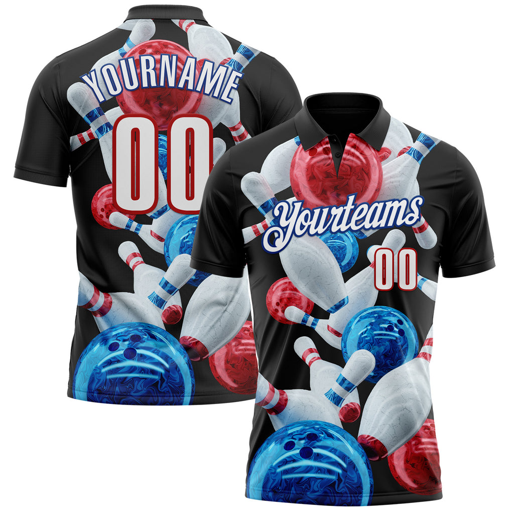 Custom Black White Red-Royal Bowling Ball And Pins Strike Performance Polo Shirt