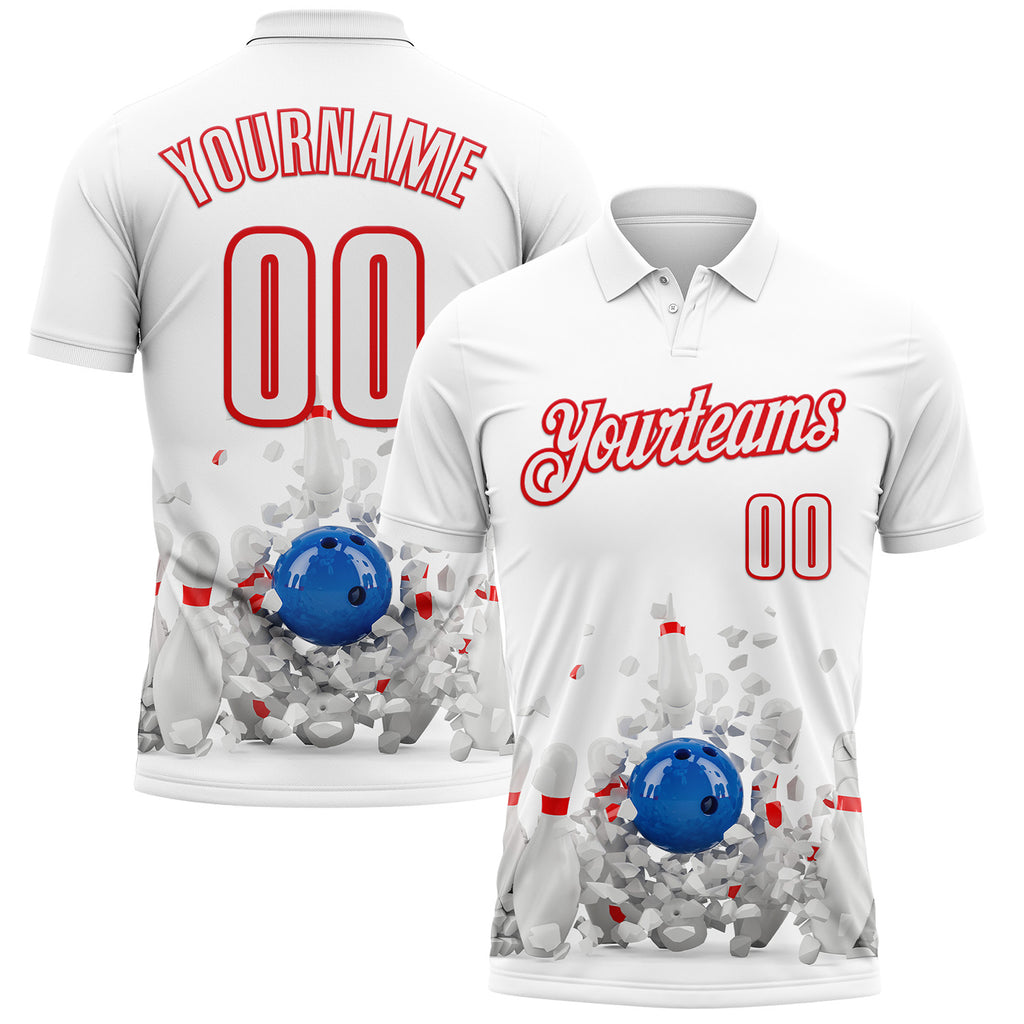 Custom White-Fire Red Bowling Ball And Pins Strike Performance Polo Shirt