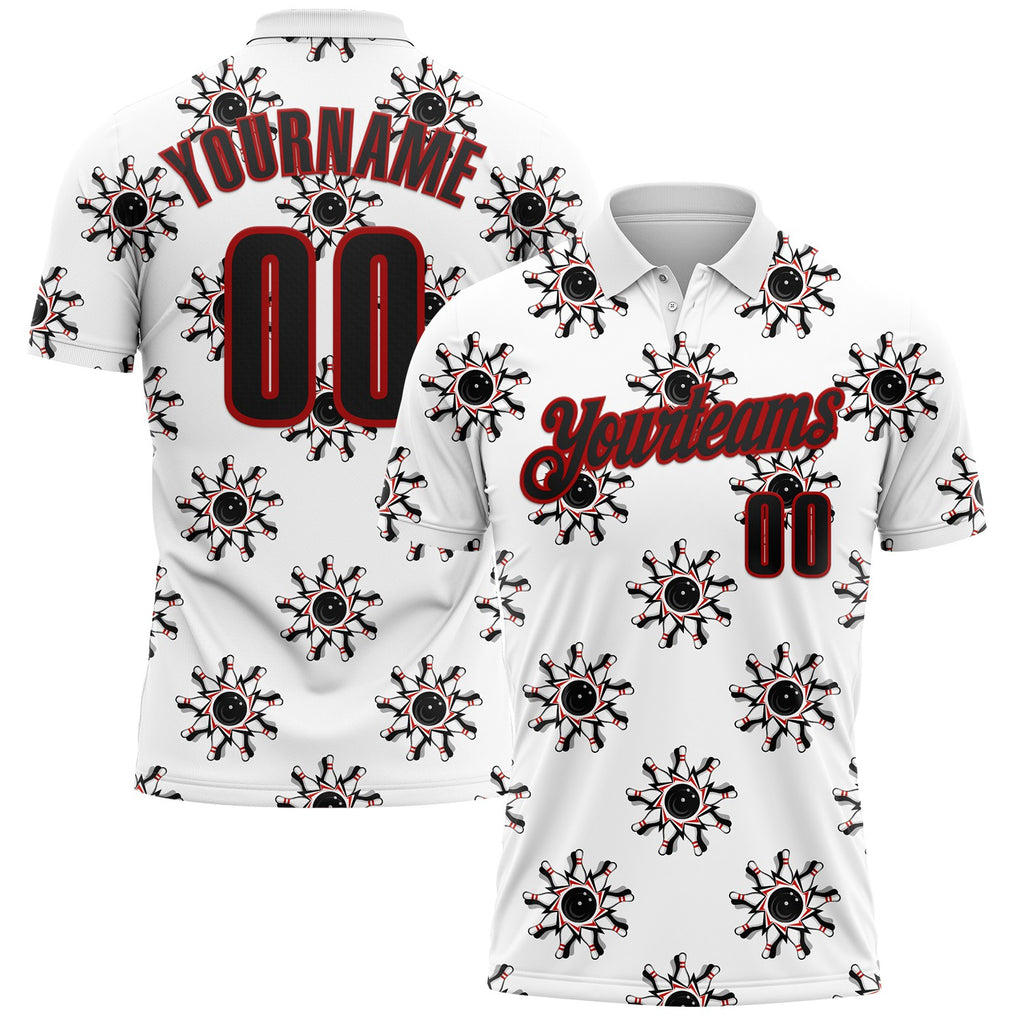 Custom White Black-Red Bowling Ball And Pins Strike Performance Polo Shirt