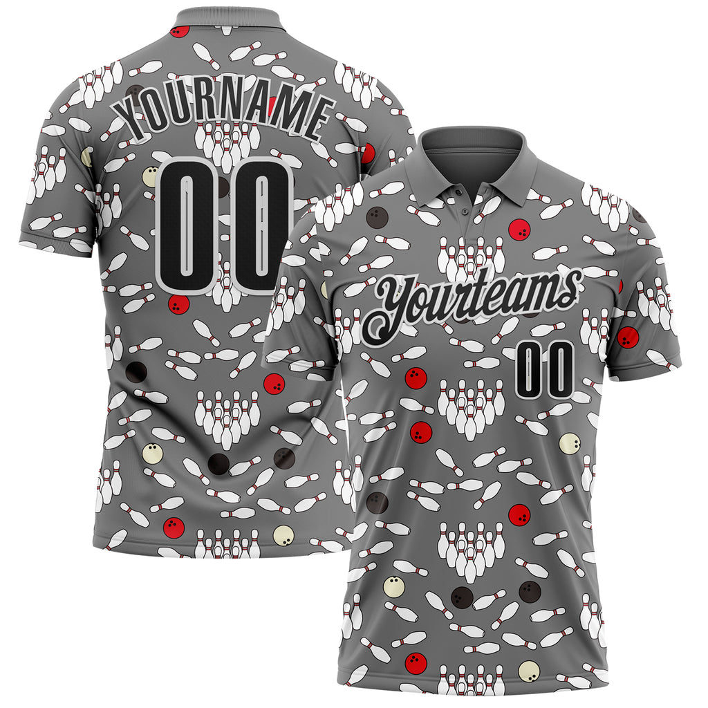 Custom Steel Gray Black-White Bowling Ball And Pins Strike Performance Polo Shirt