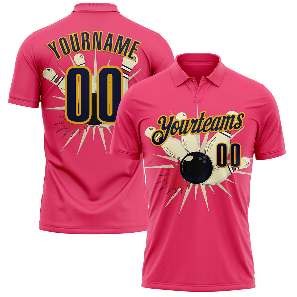 Custom Neon Pink Navy-Gold Bowling Ball And Pins Strike Performance Polo Shirt