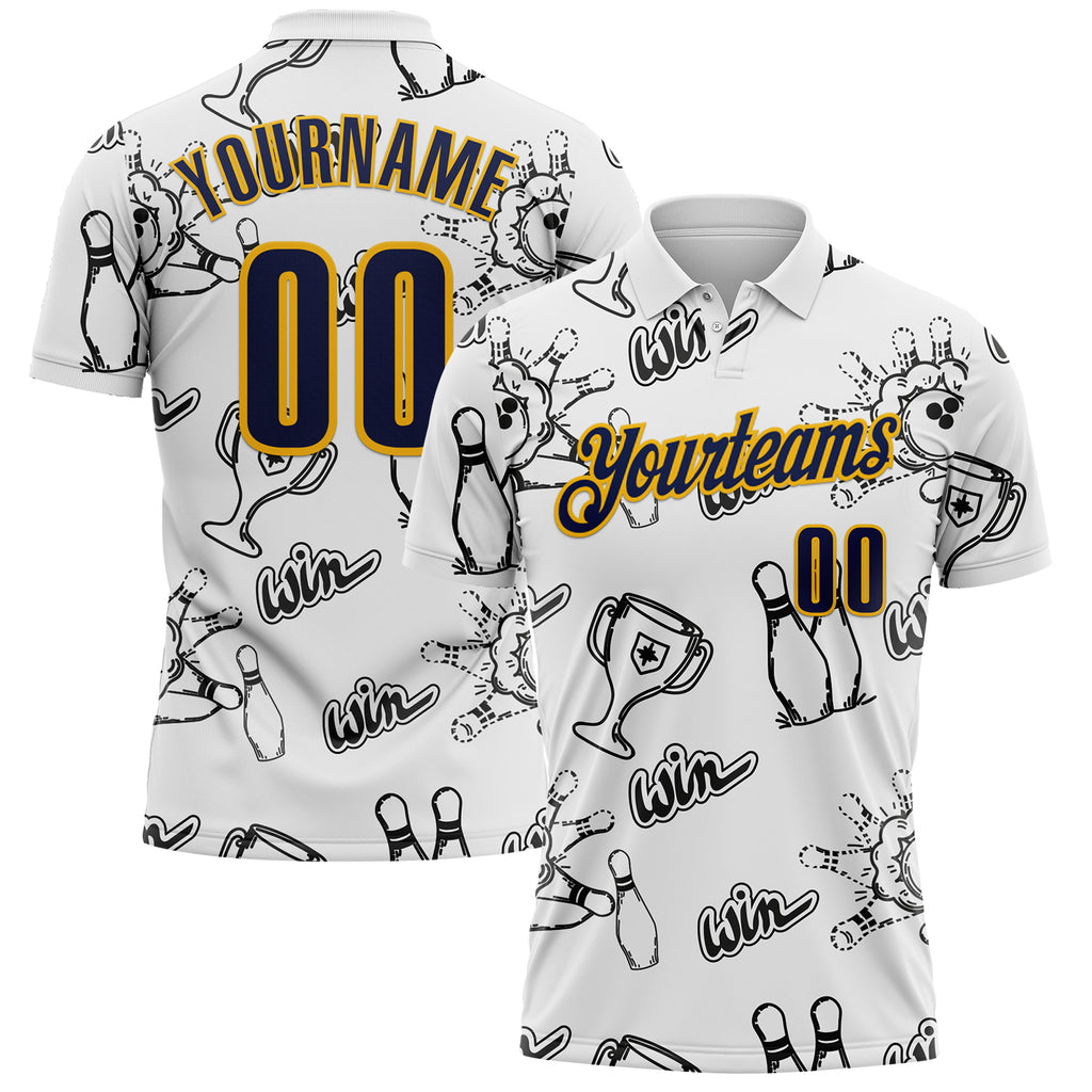Custom White Navy-Gold Bowling Win Performance Polo Shirt