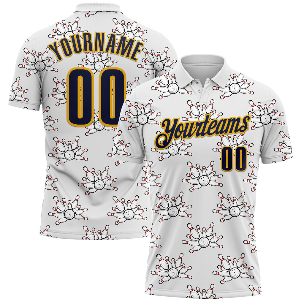 Custom White Navy-Gold Bowling Ball And Pins Strike Performance Polo Shirt