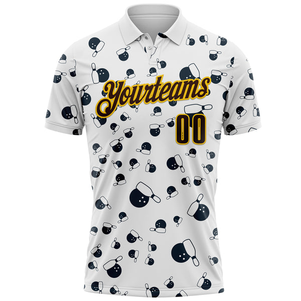 Custom White Brown-Yellow Bowling Ball And Pins Strike Performance Polo Shirt