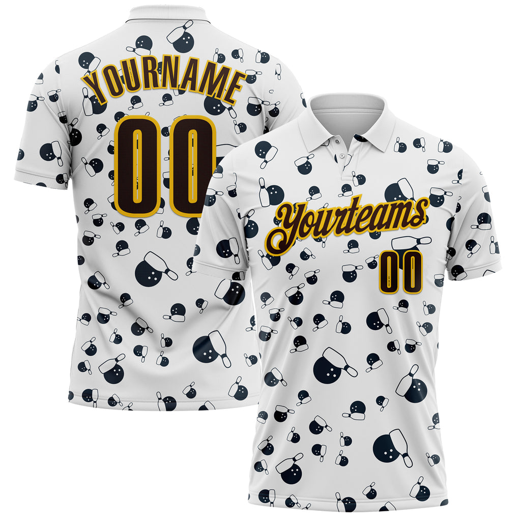 Custom White Brown-Yellow Bowling Ball And Pins Strike Performance Polo Shirt