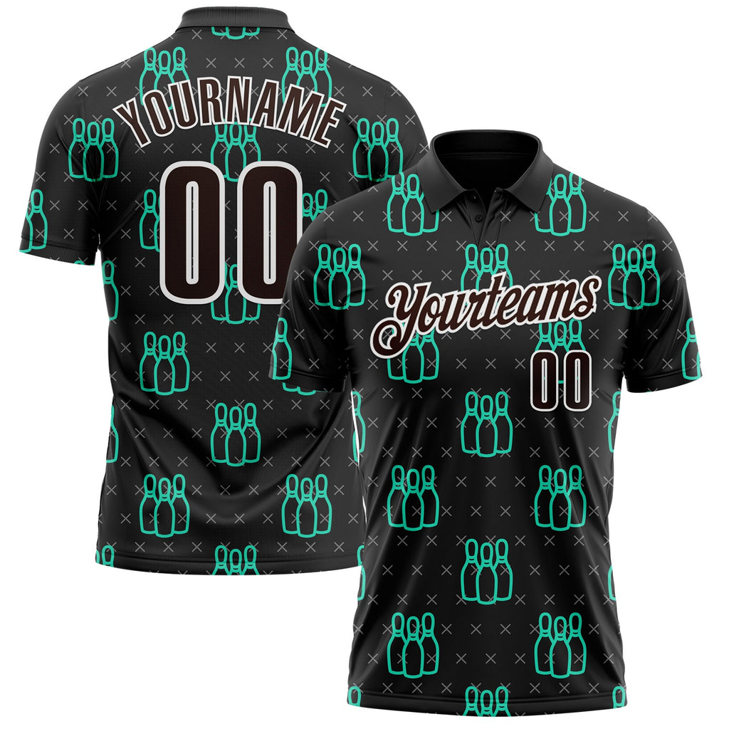 Custom Black Brown Green-White Bowling Pins Performance Polo Shirt