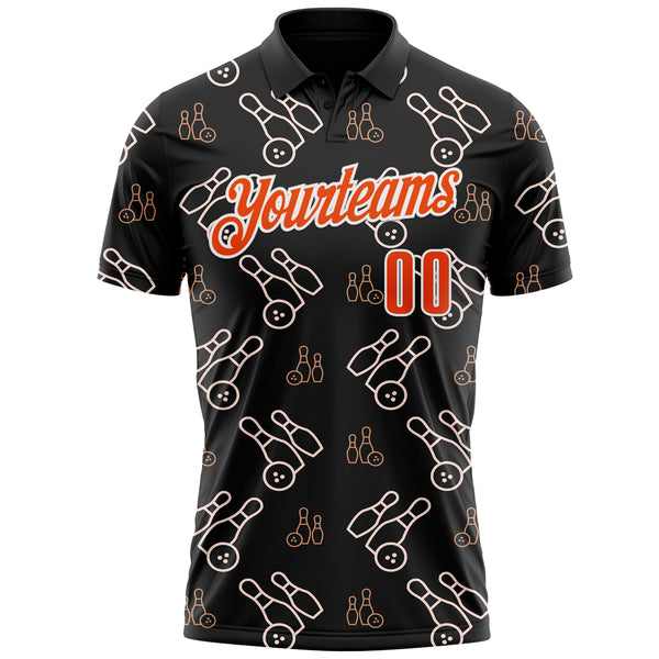Custom Black Orange-White Bowling Ball And Pins Strike Performance Polo Shirt