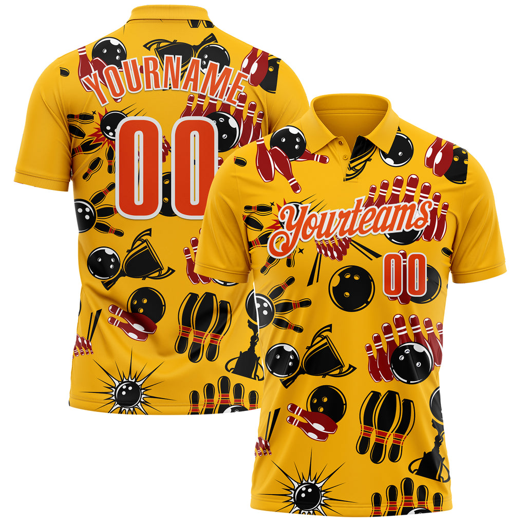 Custom Gold Orange-White Bowling Ball And Pins Strike Performance Polo Shirt