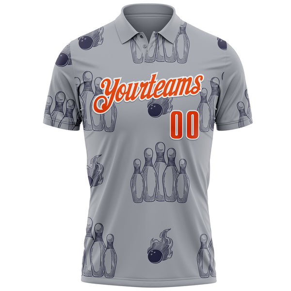 Custom Gray Orange-White Fire Bowling Ball And Pins Performance Polo Shirt