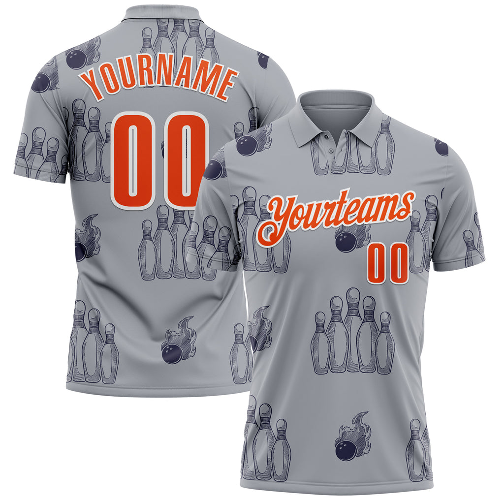 Custom Gray Orange-White Fire Bowling Ball And Pins Performance Polo Shirt