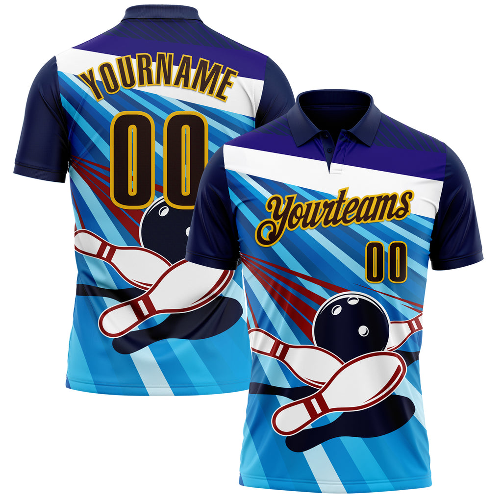 Custom Navy Brown Blue-Yellow Bowling Ball And Pins Strike Performance Polo Shirt