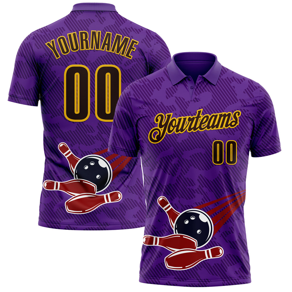 Custom Purple Brown-Yellow Bowling Ball And Pins Strike Performance Polo Shirt