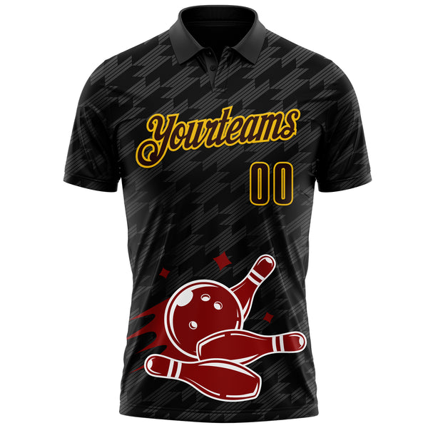 Custom Black Brown-Yellow Bowling Ball And Pins Strike Performance Polo Shirt