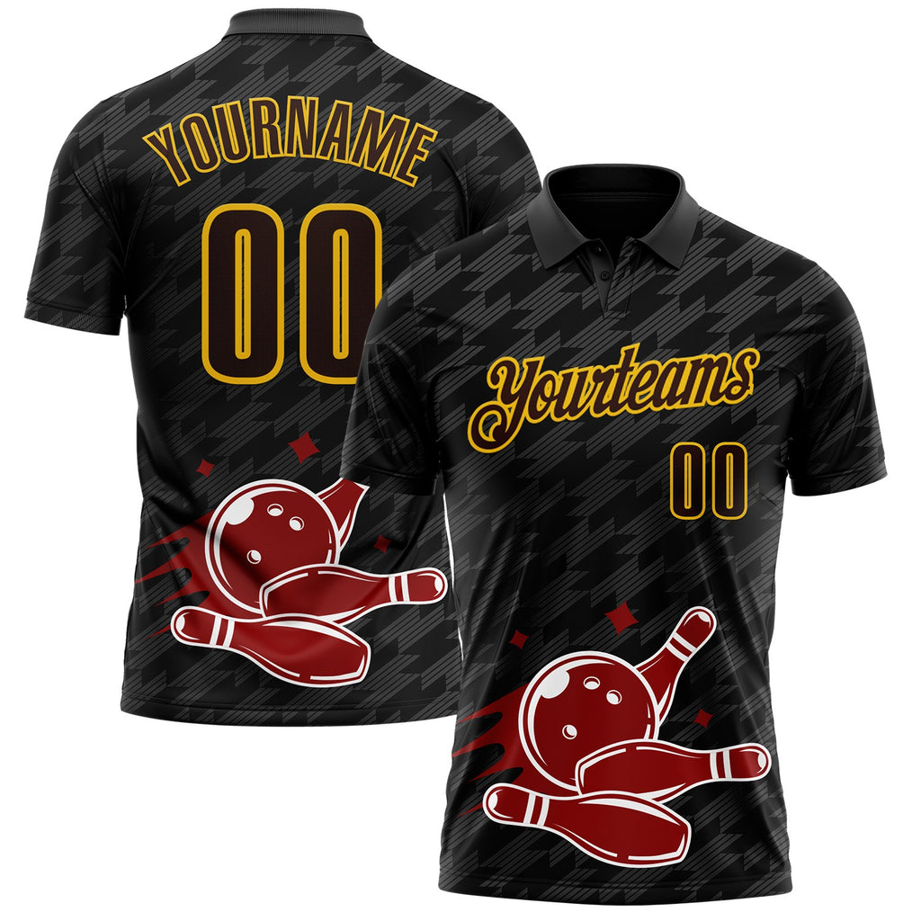Custom Black Brown-Yellow Bowling Ball And Pins Strike Performance Polo Shirt