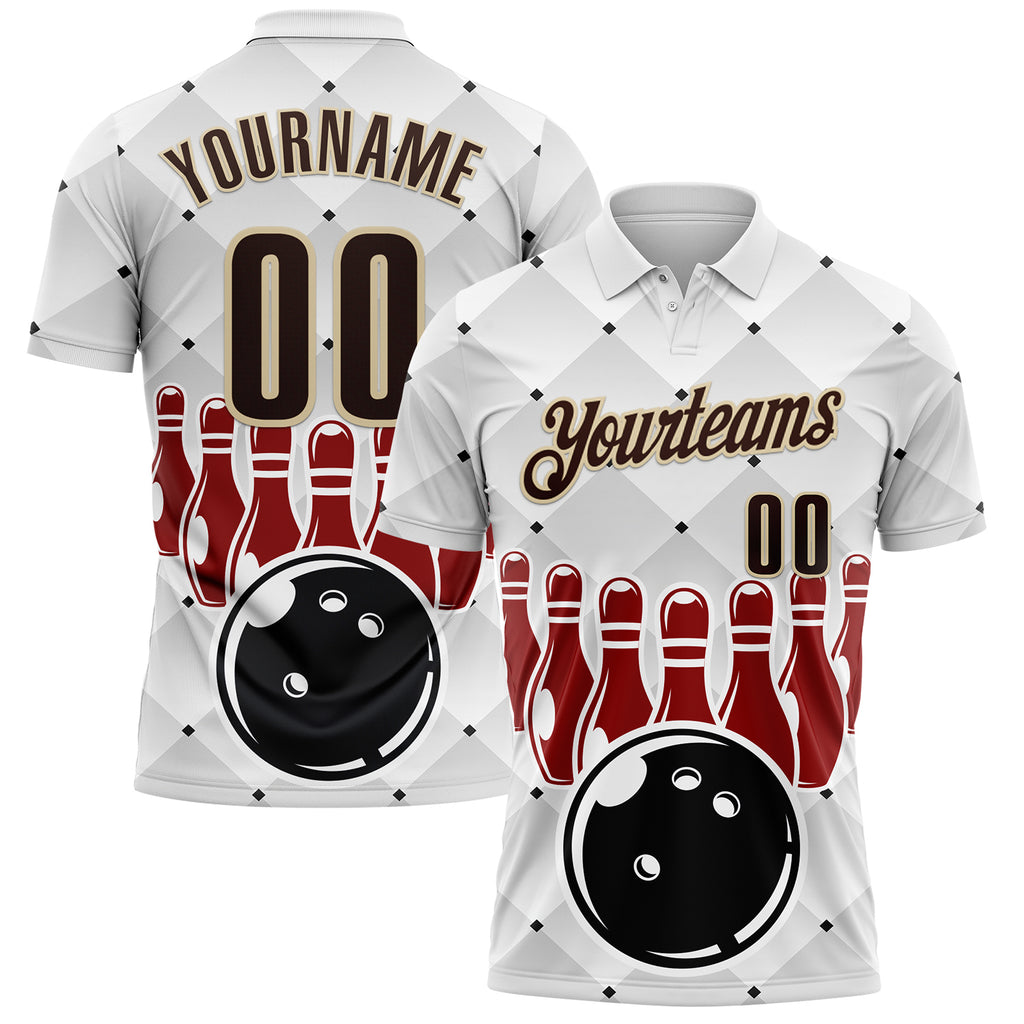 Custom White Brown-City Cream Bowling Ball And Pins Performance Polo Shirt