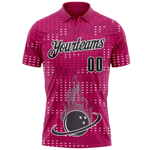 Custom Hot Pink Black-White Fire Bowling Ball Performance Polo Shirt