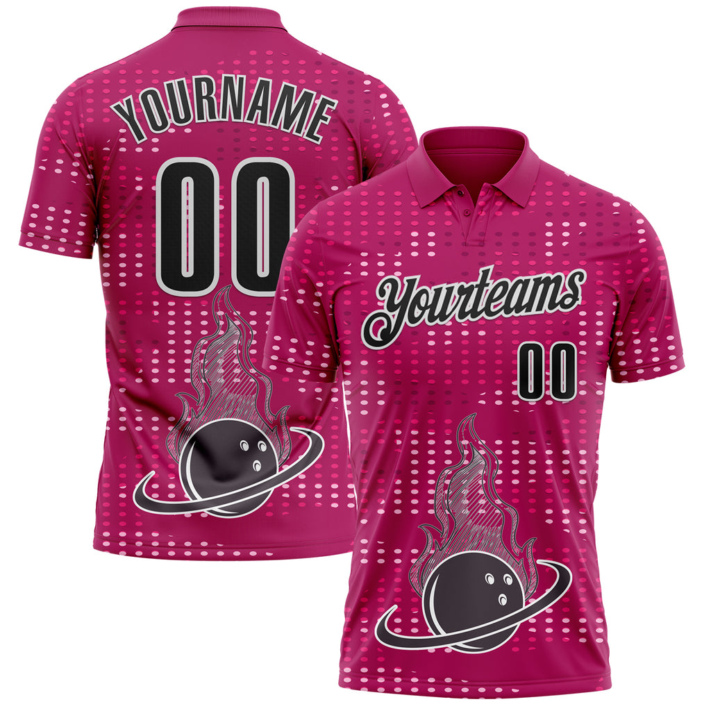 Custom Hot Pink Black-White Fire Bowling Ball Performance Polo Shirt
