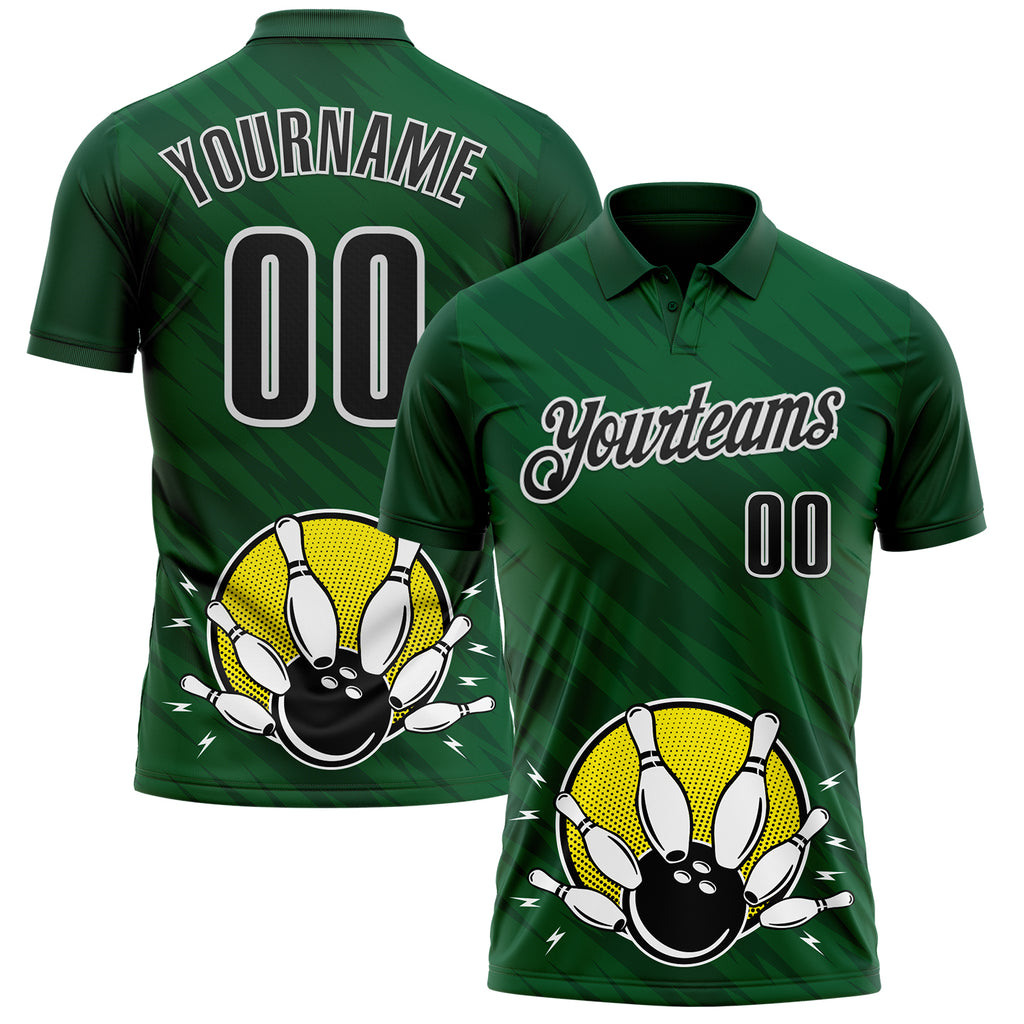 Custom Green Black-White Bowling Ball And Pins Strike Performance Polo Shirt