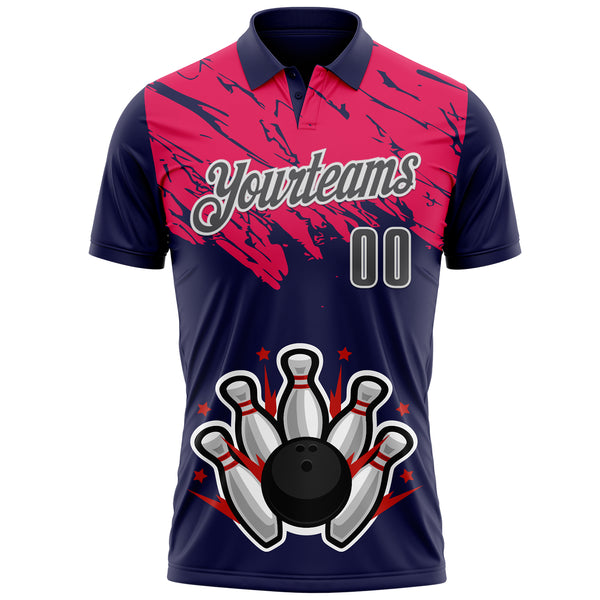 Custom Royal Steel Gray Hot Pink-White Bowling Ball And Pins Strike Performance Polo Shirt
