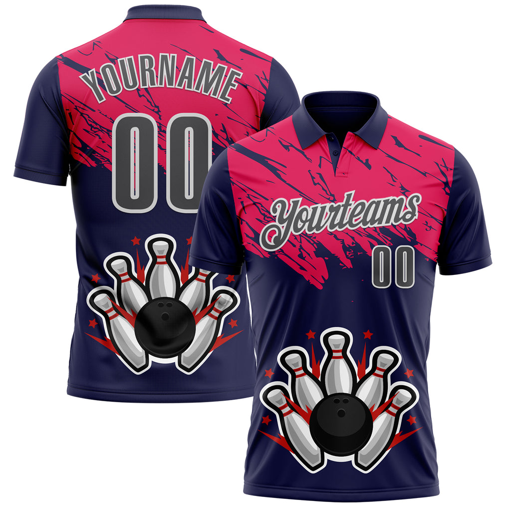 Custom Royal Steel Gray Hot Pink-White Bowling Ball And Pins Strike Performance Polo Shirt