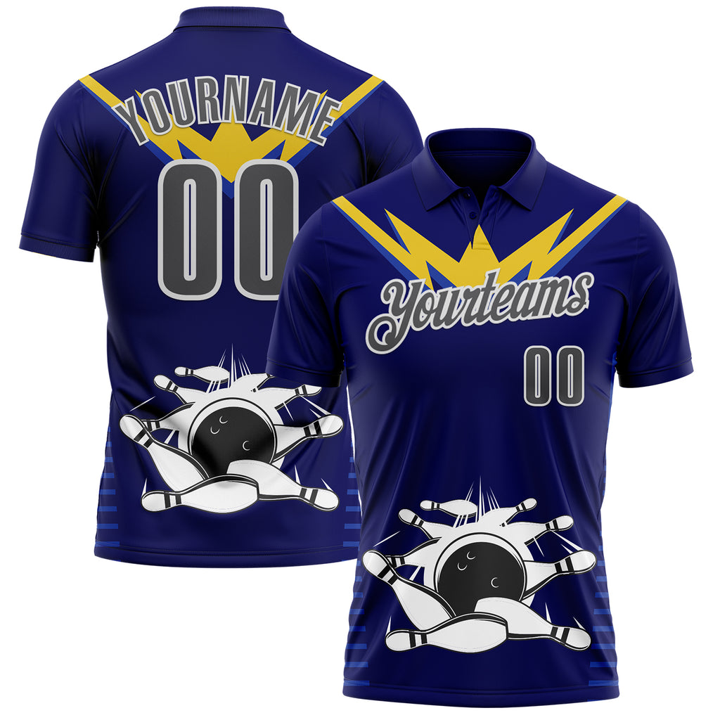 Custom Royal Steel Gray-White Bowling Ball And Pins Strike Performance Polo Shirt