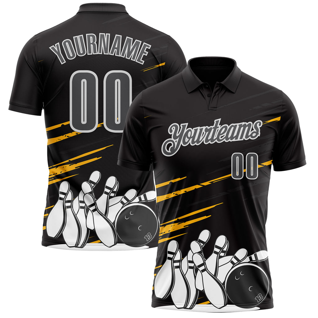 Custom Black Steel Gray-White Bowling Ball And Pins Strike Performance Polo Shirt
