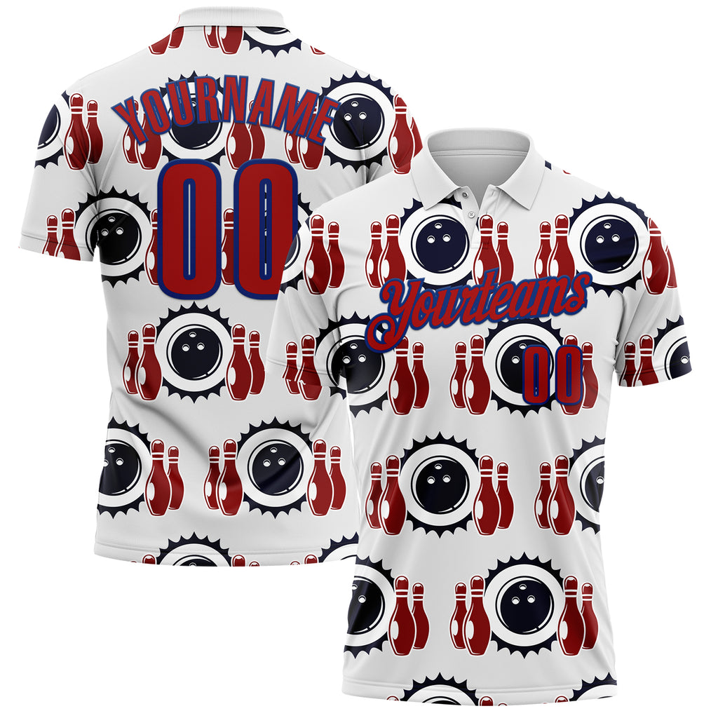 Custom White Red-Royal Bowling Ball And Pins Strike Performance Polo Shirt