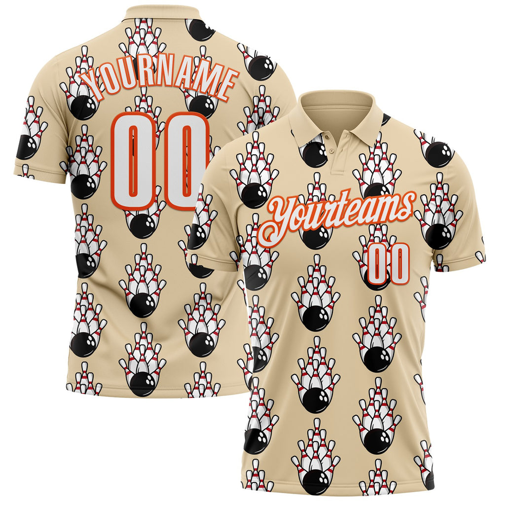 Custom City Cream White-Orange Bowling Ball And Pins Strike Performance Polo Shirt