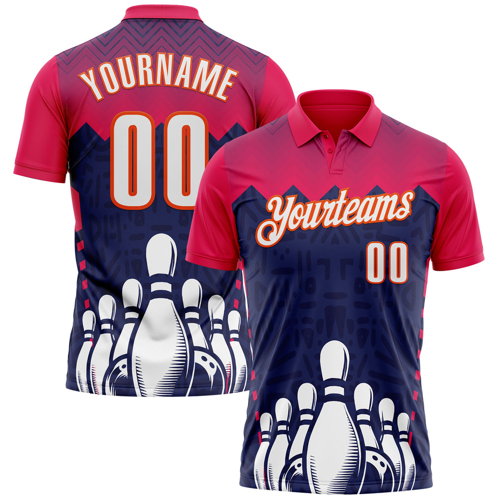 Custom Hot Pink White Navy-Orange Bowling Ball And Pins Strike Performance Polo Shirt