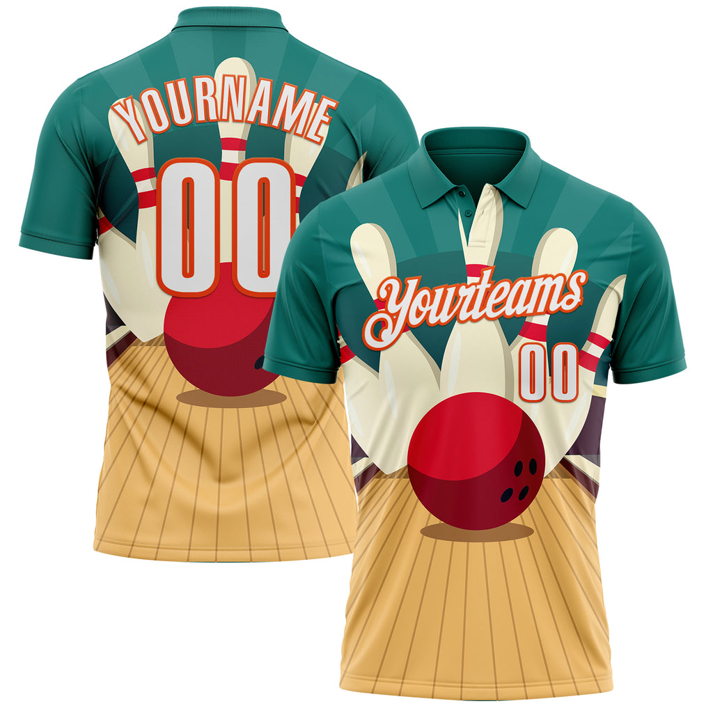 Custom Teal White City Cream-Orange Bowling Ball And Pins Strike Performance Polo Shirt