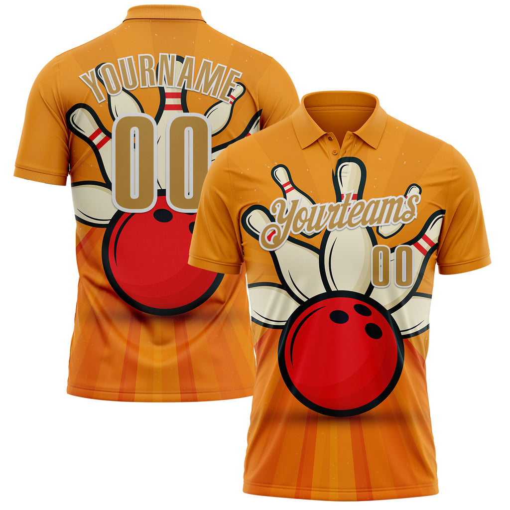 Custom Bay Orange Old Gold-White Bowling Ball And Pins Strike Performance Polo Shirt