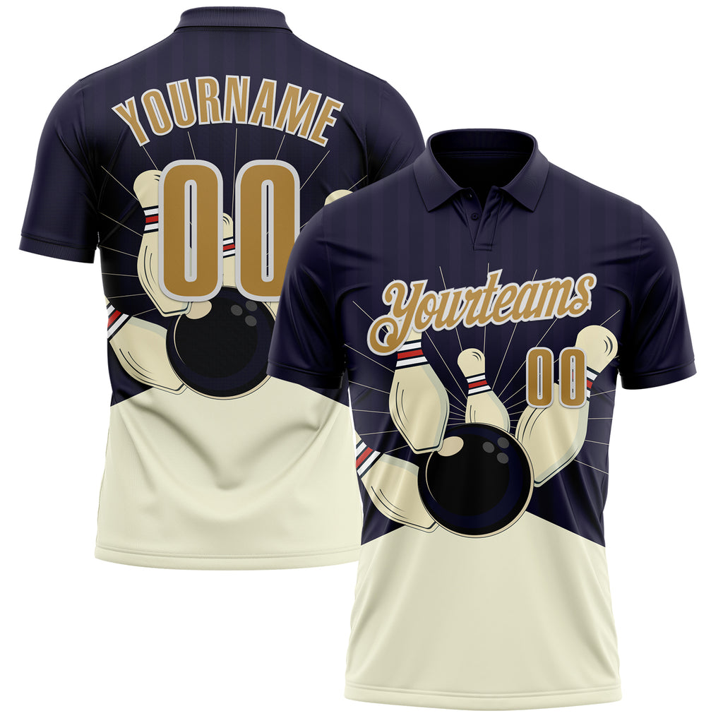 Custom Dark Purple Old Gold Cream-White Bowling Ball And Pins Strike Performance Polo Shirt