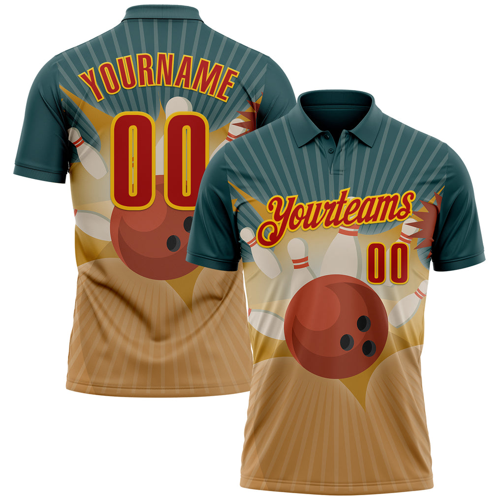 Custom Teal Red Old Gold-Yellow Bowling Ball And Pins Strike Performance Polo Shirt