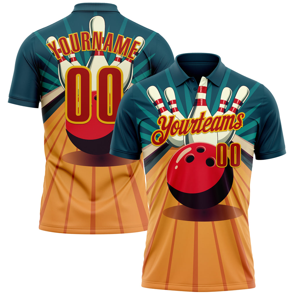 Custom Teal Red-Yellow Bowling Ball And Pins Strike Performance Polo Shirt