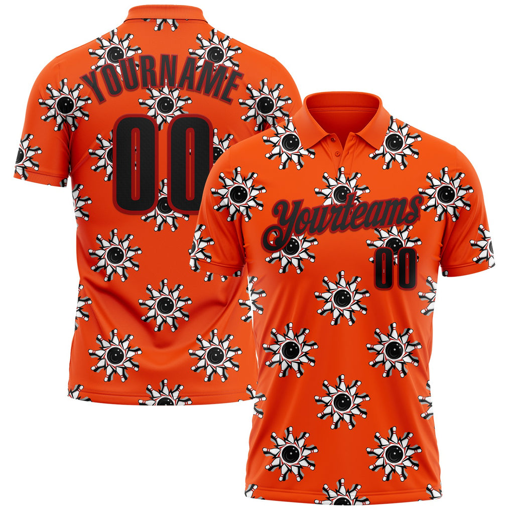 Custom Orange Black-Red Bowling Ball And Pins Strike Performance Polo Shirt