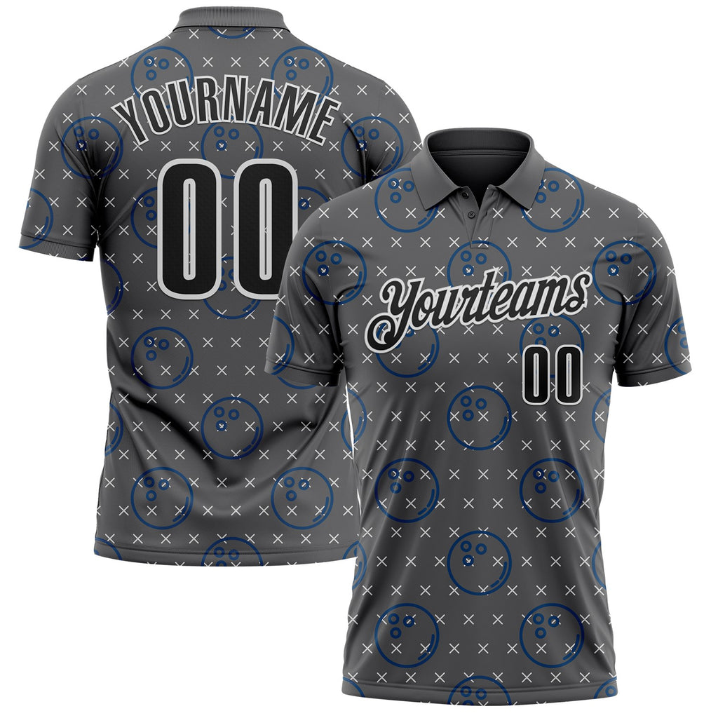 Custom Steel Gray Black-White Bowling Ball Performance Polo Shirt