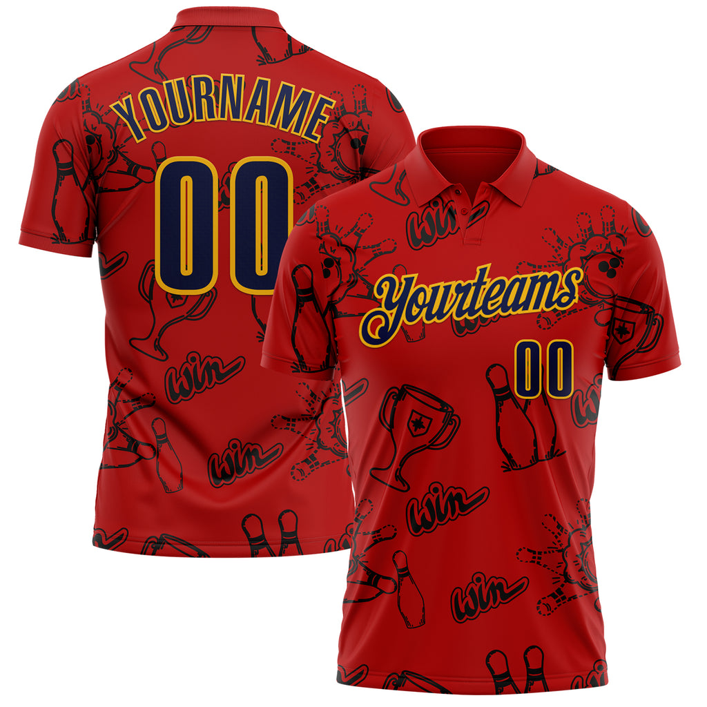 Custom Red Navy-Gold Bowling Ball And Pins Strike Performance Polo Shirt