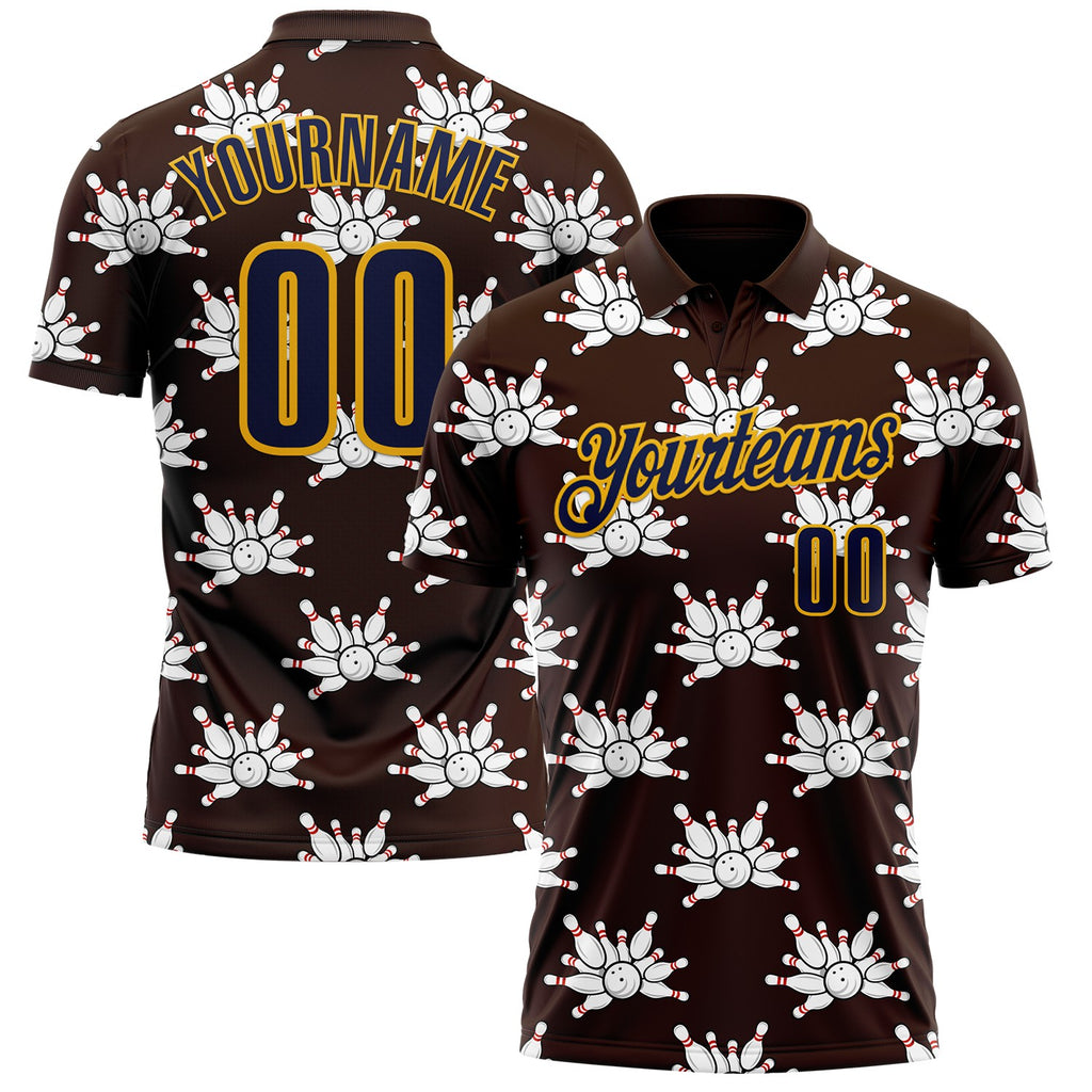 Custom Brown Navy-Gold Bowling Ball And Pins Strike Performance Polo Shirt
