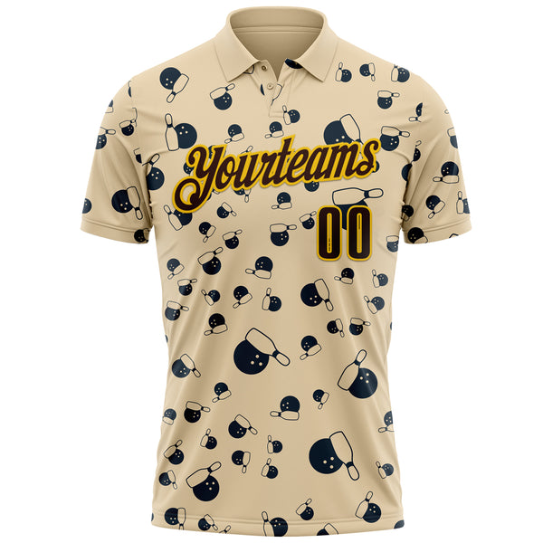 Custom City Cream Brown-Gold Bowling Ball And Pins Strike Performance Polo Shirt