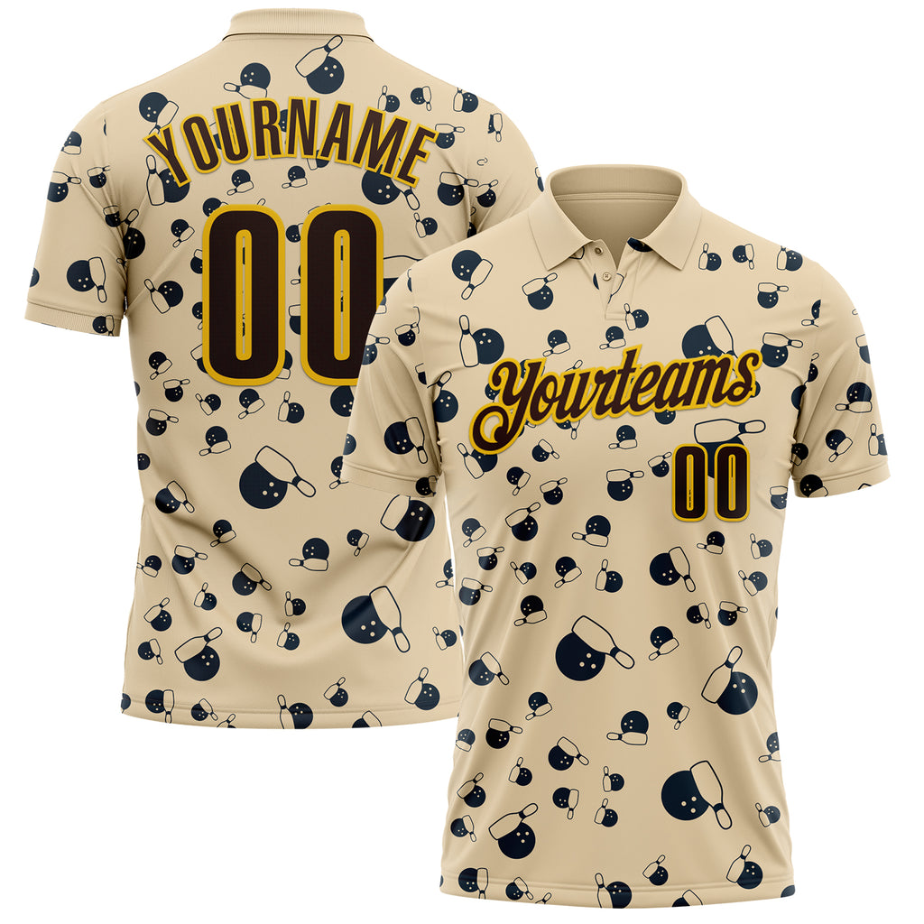 Custom City Cream Brown-Gold Bowling Ball And Pins Strike Performance Polo Shirt