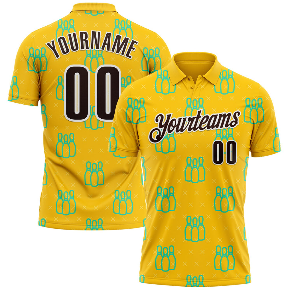Custom Yellow Brown-White Bowling Pins Performance Polo Shirt