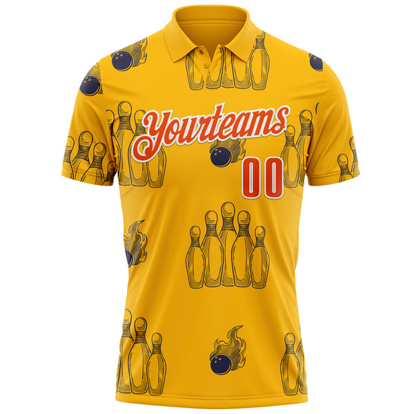 Custom Gold Orange-White Fire Bowling Ball And Pins Strike Performance Polo Shirt