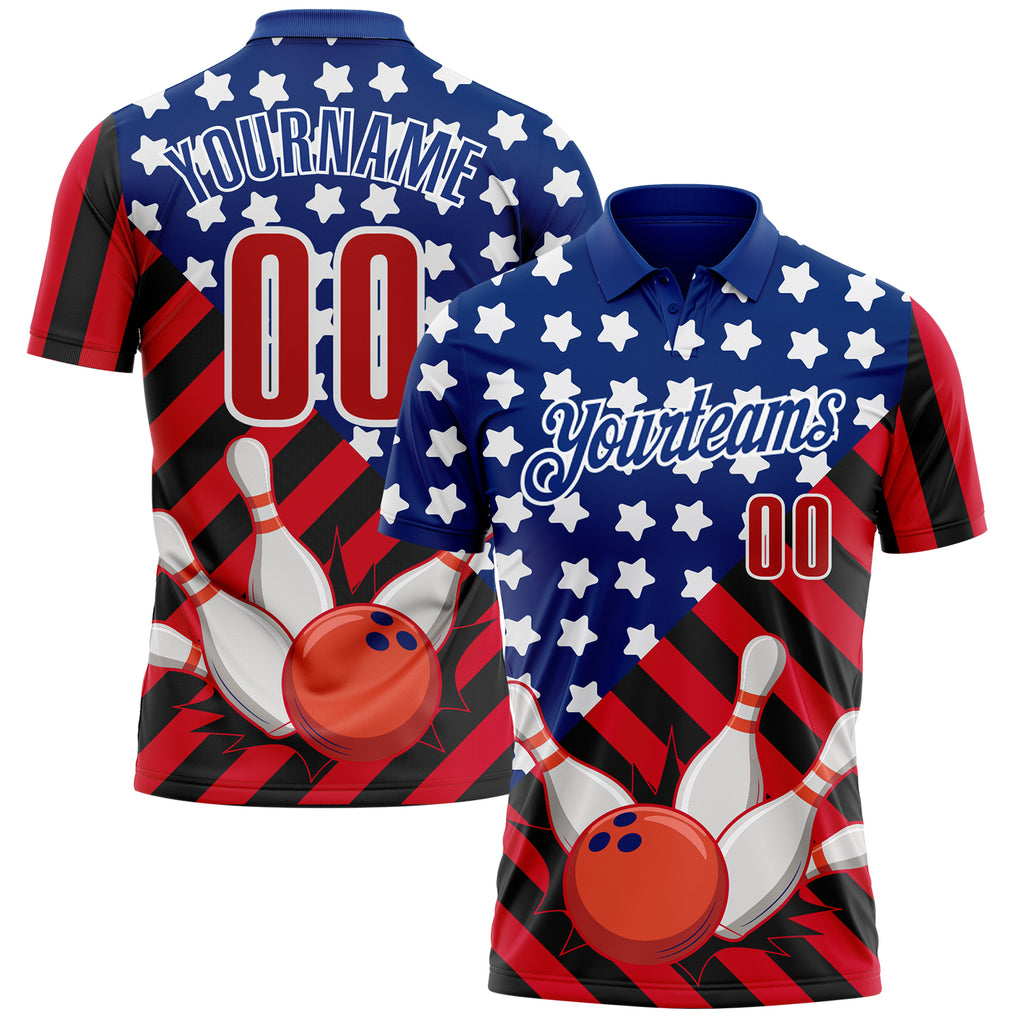 Custom Royal Red Black-White Patriotic American Flag Bowling Ball And Pins Strike Performance Polo Shirt