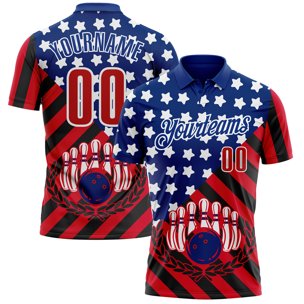Custom Royal Red Black-White Patriotic American Flag Bowling Ball And Pins Strike Performance Polo Shirt