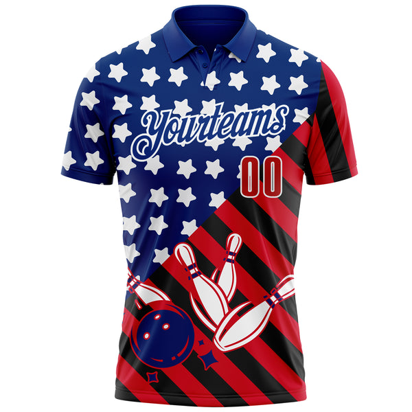 Custom Royal Red Black-White Patriotic American Flag Bowling Ball And Pins Strike Performance Polo Shirt