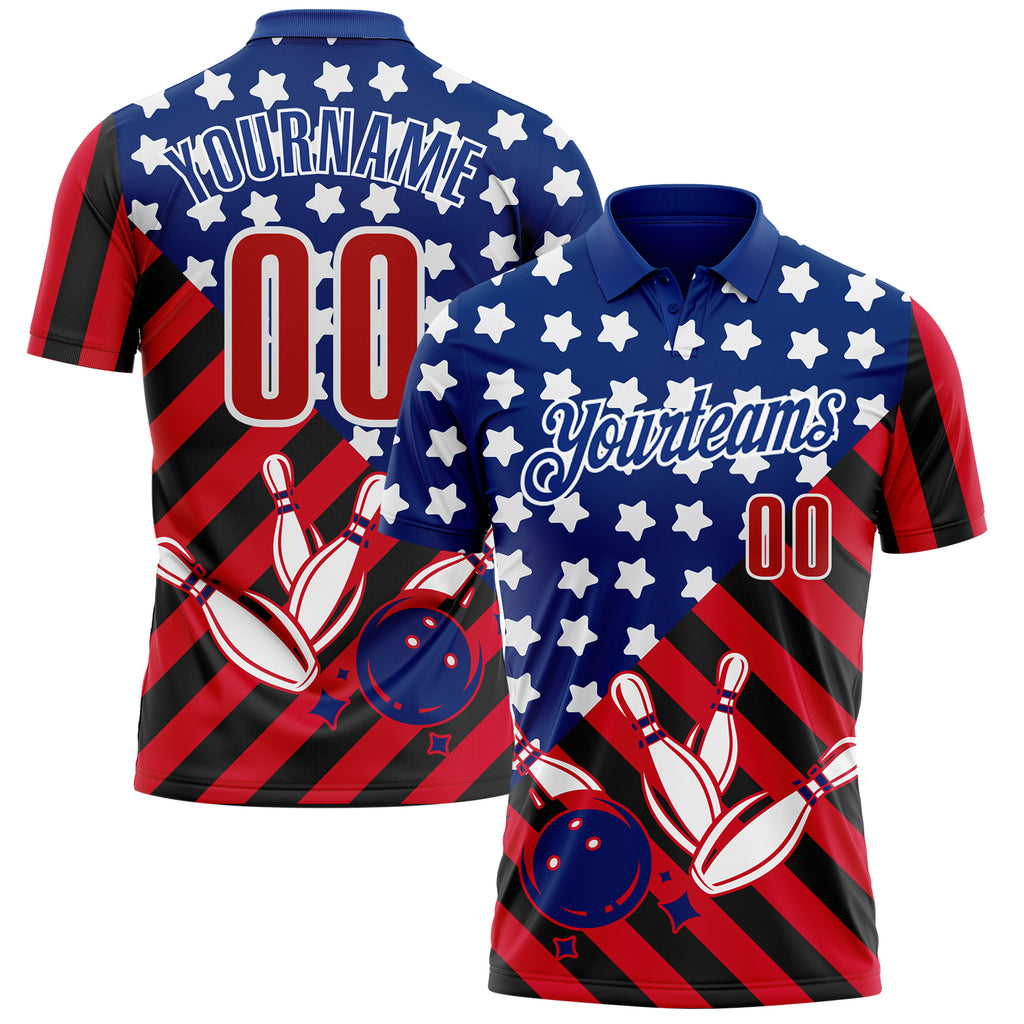 Custom Royal Red Black-White Patriotic American Flag Bowling Ball And Pins Strike Performance Polo Shirt