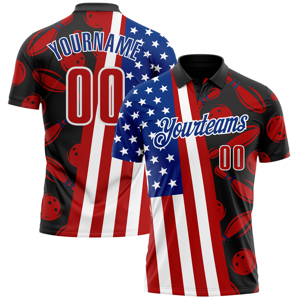 Custom Black Red White-Royal Patriotic American Flag Bowling Ball And Pins Strike Performance Polo Shirt